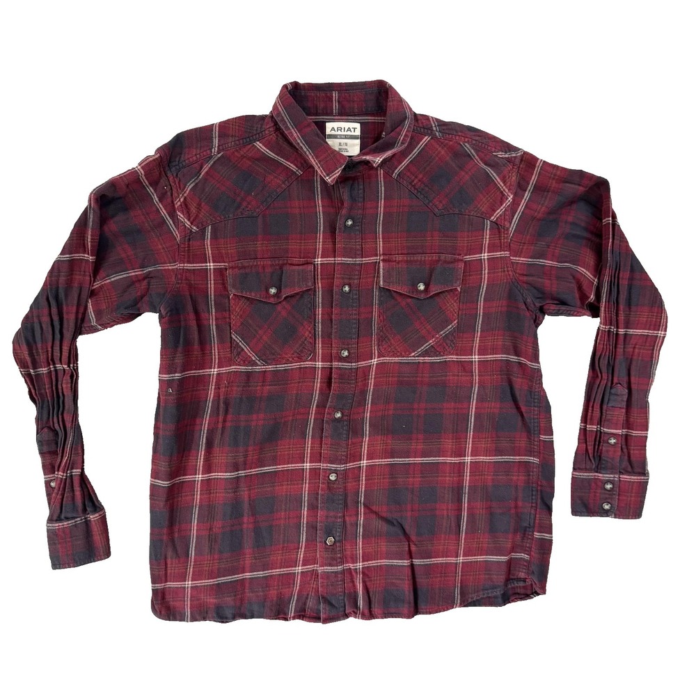 Ariat Shirt Mens XL Red Plaid Flannel Long Sleeve Western Snap Button Retro Fit
